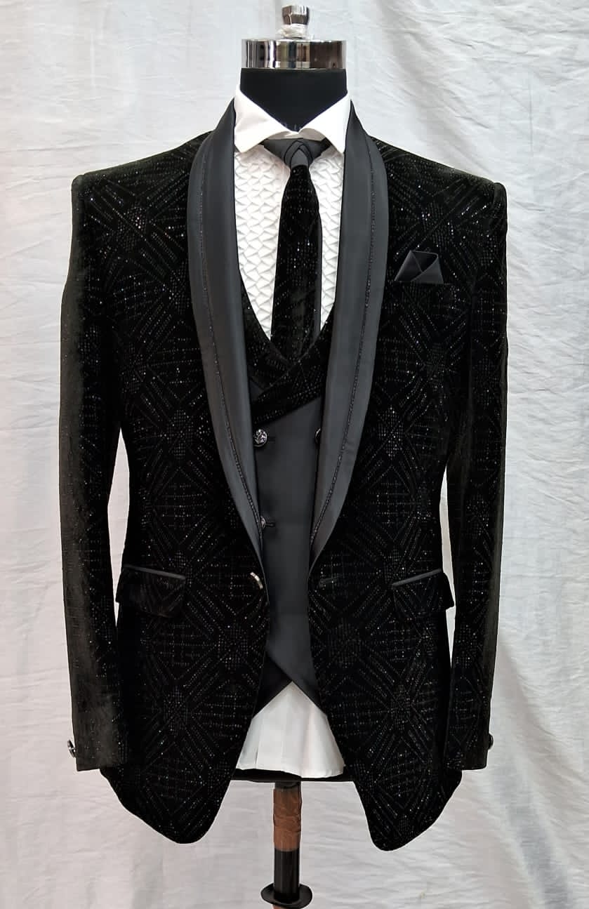 Black Metallic Embroidered Party Wear 5 Piece Suit